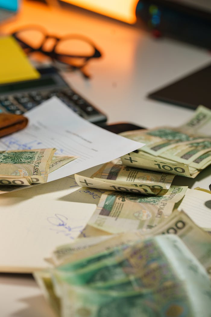 Scattered Polish zloty banknotes with financial documents on an office desk.